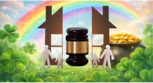 Symbolic illustration of divorce with a judge’s gavel between two separated homes under a rainbow with shamrocks and a pot of gold.