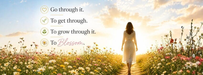 Woman walking along a sunlit flower path symbolizing healing, growth, and emotional recovery after divorce with inspirational text about moving through life transitions and blossoming after hardship.