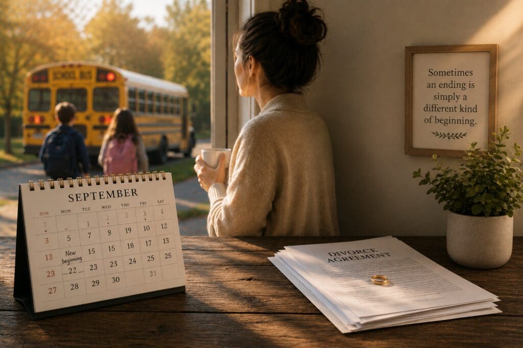 Woman watching her children leave for school beside a September calendar, divorce papers and wedding ring, symbolizing a new beginning during divorce.