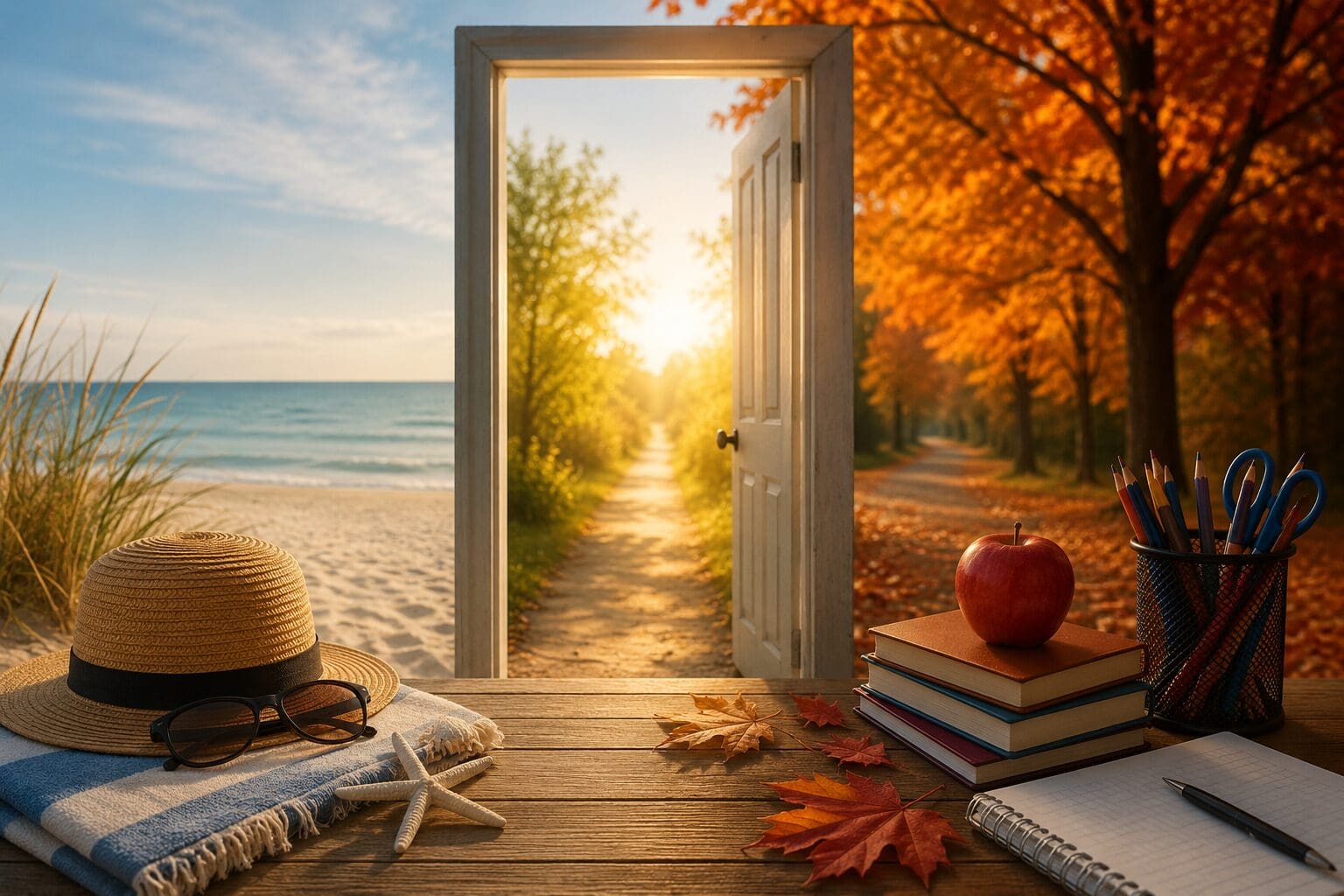 Summer transitioning into fall with an open doorway, symbolizing a new beginning during divorce season and back-to-school.