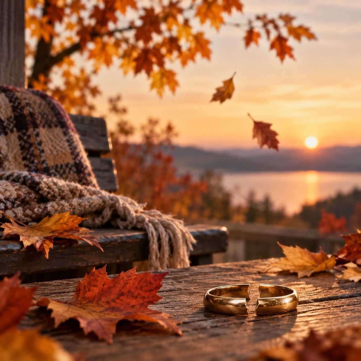 Broken wedding ring surrounded by falling autumn leaves, symbolizing marital problems and relationship changes during divorce season.