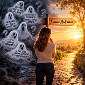 A woman stands at a crossroads between ghosts representing divorce mediation myths and a sunlit path marked “Divorce Mediation.”