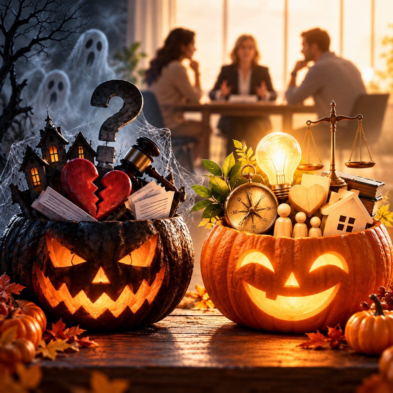 Two Halloween pumpkins contrast the fears and misconceptions of divorce mediation with clarity and hope, while a couple meets with a mediator in the background.